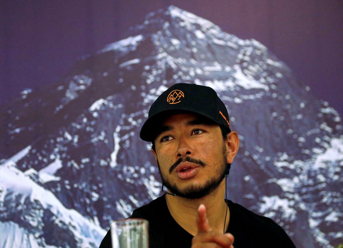 Nirmal Purja, attempting a record to climb fourteen 8000-meter mountain peaks in seven months speaks during a news conference after climbing six mountains including Mt. Everest in Kathmandu, Nepal May 28, 2019