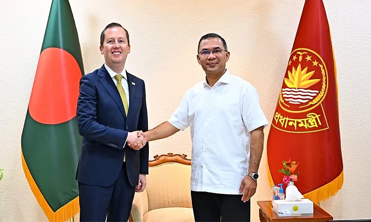 Prime Minister Tarique Rahman shakes hands with visiting US Special Envoy for South and Central Asia Sergio Gor in Dhaka on 1 August 2026.