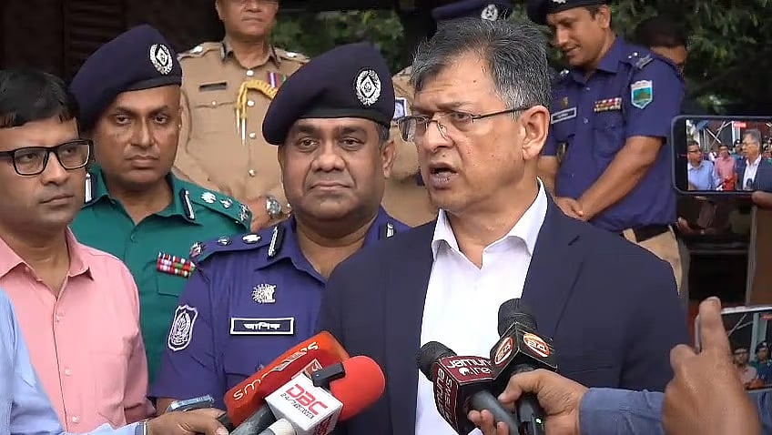 Home Minister Salahuddin Ahmed talks to the media after an exchange meeting with officers and personnel of the Rajshahi Range and Rajshahi Metropolitan Police at the Rajshahi Police Lines on 2 August 2026