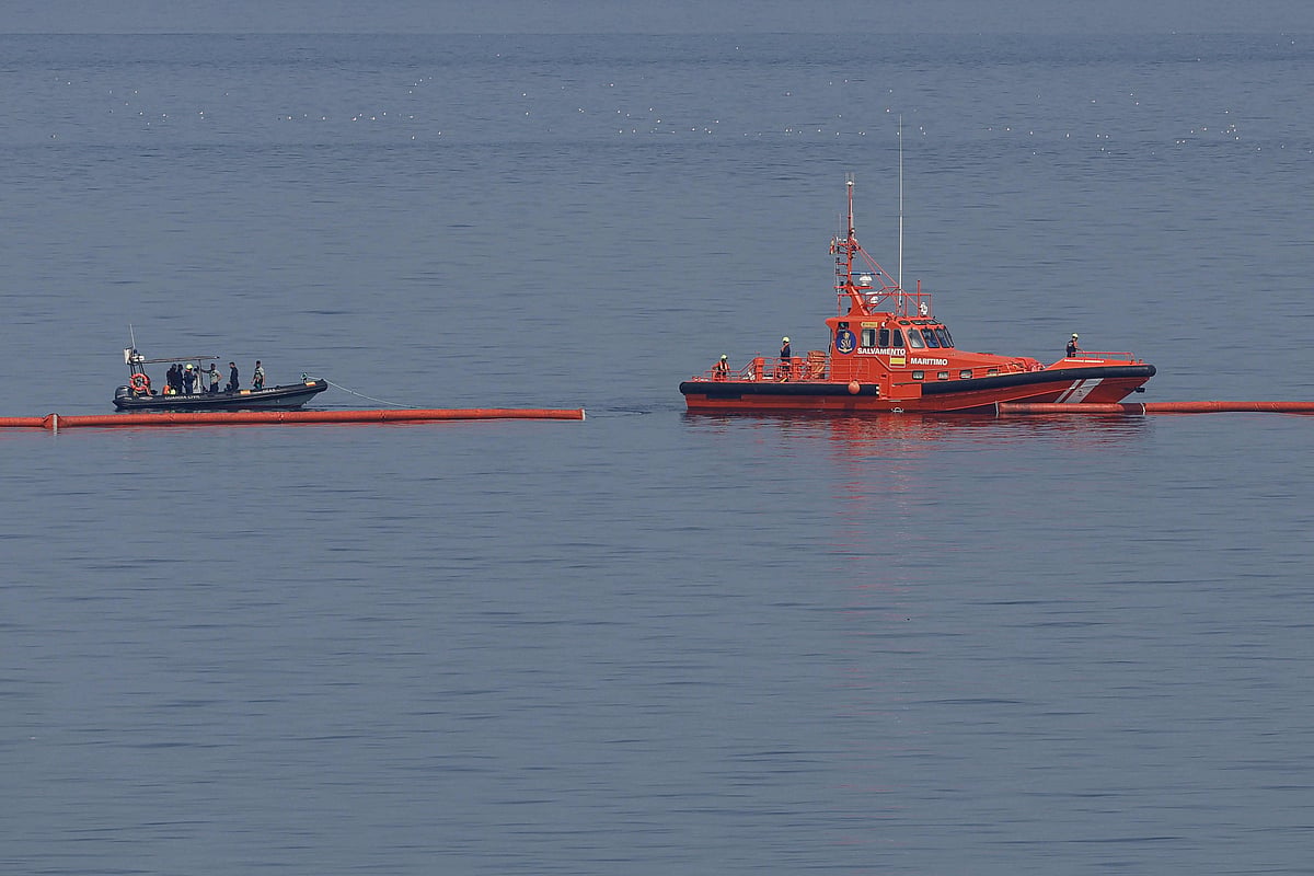 Floating barriers are seen installed on the maritime border between Spain's North African enclave of Ceuta and Morocco in the aftermath of the sudden influx of tens of thousands of migrants into Ceuta, as seen from the outskirts of the Moroccan town of Fnideq in northern Morocco on 1 August, 2026.