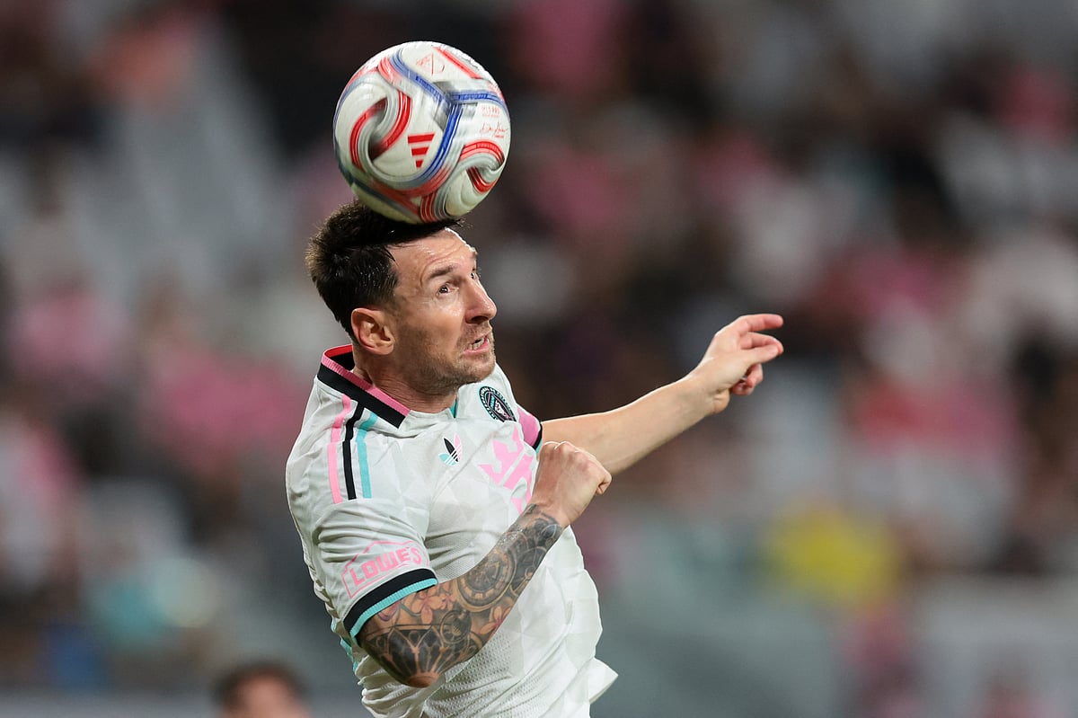 1 Aug, 2026; Miami, Florida, USA; Inter Miami CF forward Lionel Messi (10) hits a header against the Columbus Crew during the second half at Nu Stadium, Miami, Florida, USA on 1 August 2026.