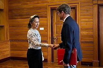  Detained former civilian leader Aung San Suu Kyi (L) meeting with Arnaude de Baecque, resident representative of the International Committee of the Red Cross (ICRC) to Myanmar, in Naypyidaw, 3 August, 2026.