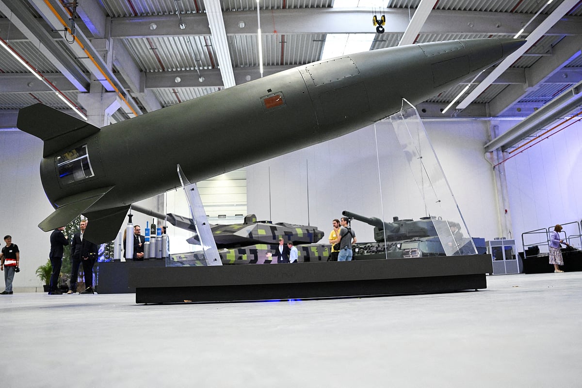 An Army Tactical Missile System (ATACMS) is displayed during the inauguration of a new artillery plant of ammunition maker Rheinmetall, in Unterluess, Germany