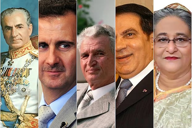 Some dictators around the world who were ousted by uprisings. Reza Shah Pahlavi of Iran, Bashar al-Assad of Syria, Nicolae Ceausescu of Romania, Zine El Abidine Ben Ali of Tunisia, and Sheikh Hasina of Bangladesh.