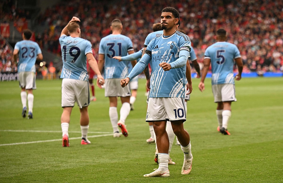 Nottingham Forest's English midfielder Morgan Gibbs-White celebrates scoring the team's second goal, from the penalty spot against Liverpool