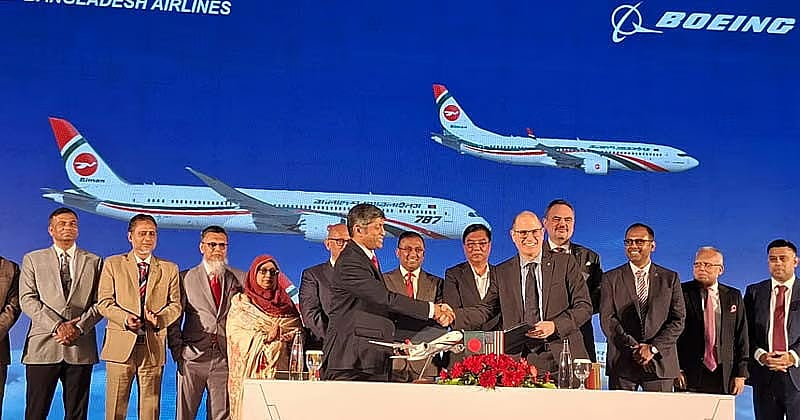 Officials from Biman Bangladesh Airlines and US aircraft manufacturer Boeing sign an agreement regarding the purchase of Boeing aircraft at Hotel InterContinental in Dhaka.