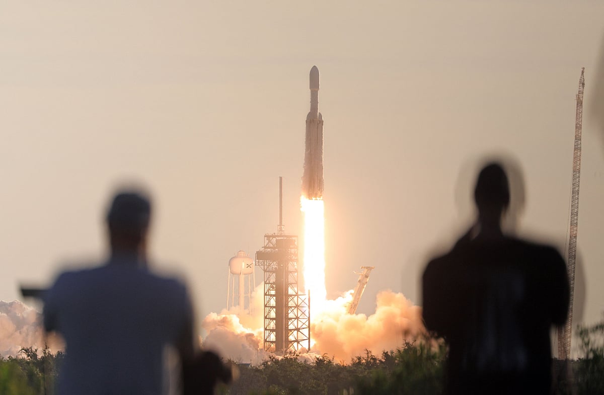 A SpaceX Falcon Heavy rocket carrying the Nancy Grace Roman space telescoe lifts off from Launch Complex 39A at the Kennedy Space Center in Florida on 30 August, 2026.