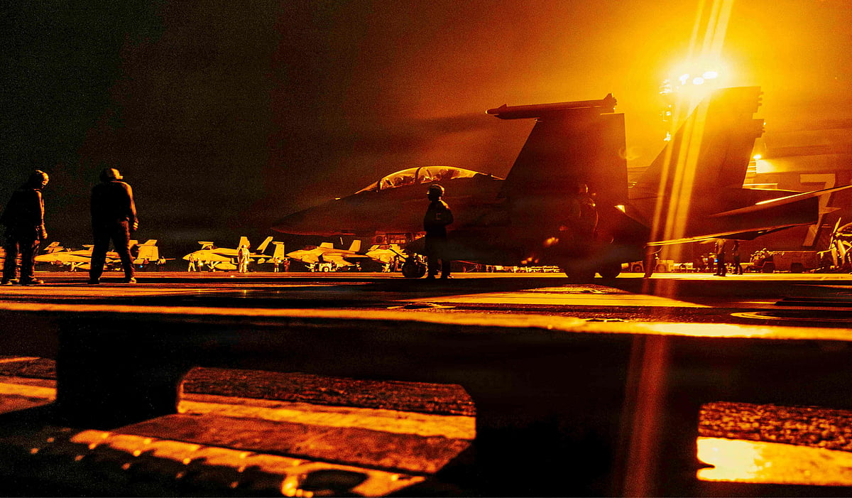 In this US Navy handout photo, an F/A-18 Super Hornet assigned to Strike Fighter Squadron (VFA) 195, readies for takeoff on the flight deck of Nimitz-class aircraft carrier USS George Washington (CVN 73) on 29 August, 2026.