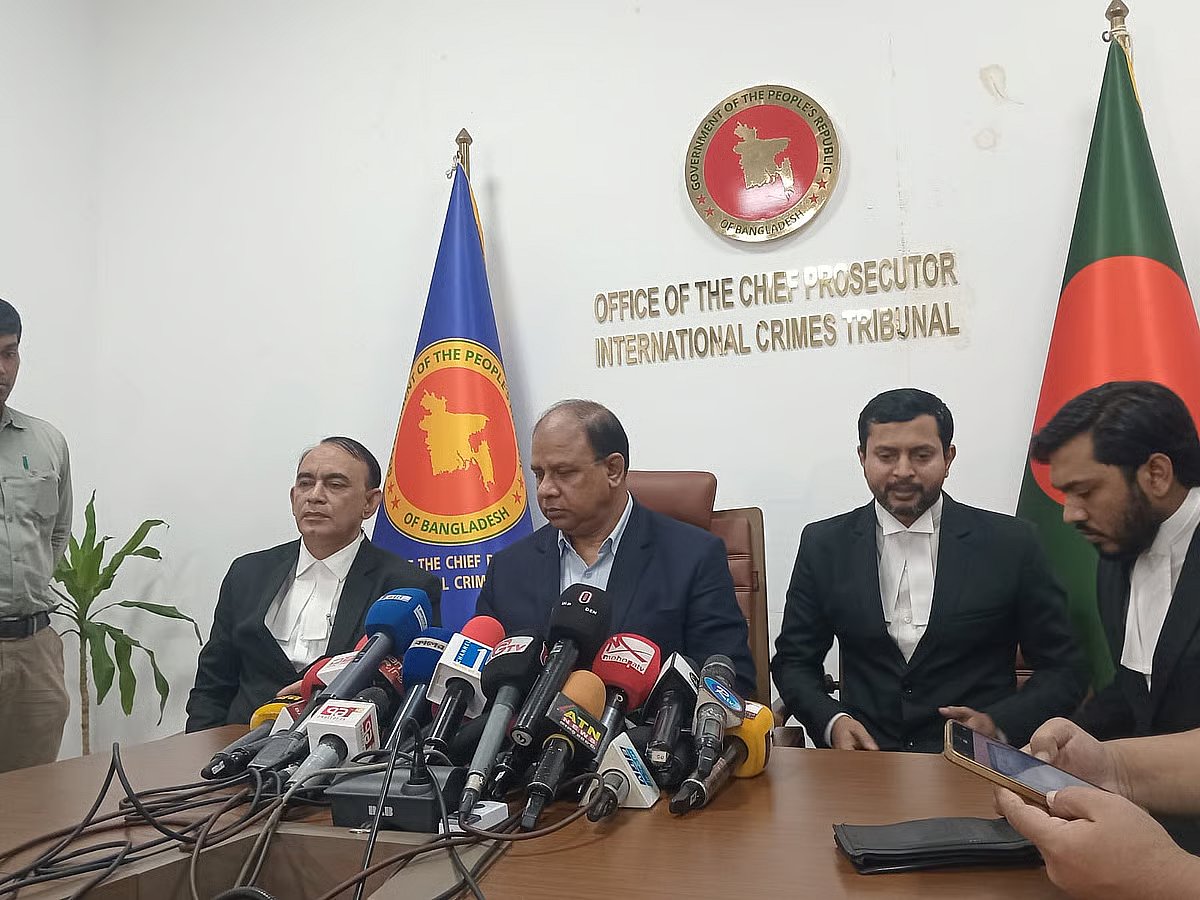 ICT Chief Prosecutor Md Aminul Islam talks to the media at his office at ICT on 7 September 2026