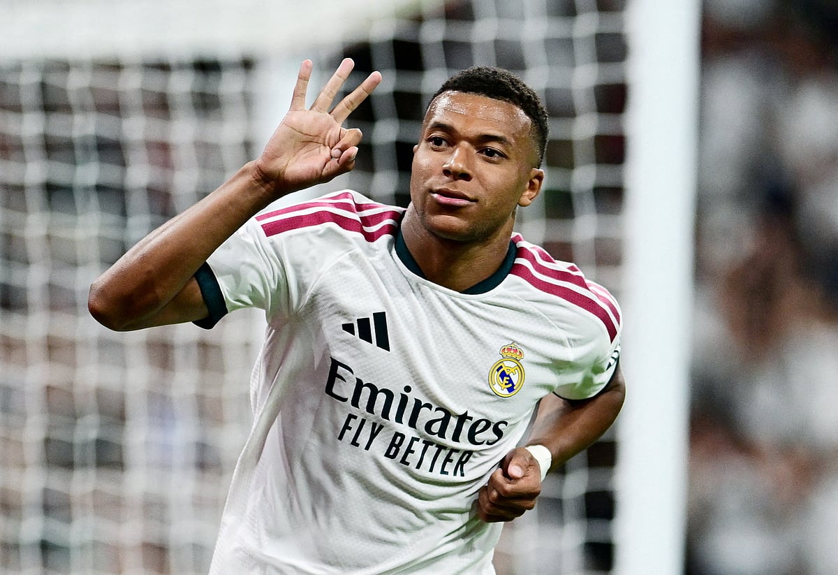 Real Madrid's Kylian Mbappe celebrates scoring their fourth goal to complete his hat-trick, at LaLiga - Real Madrid v Real Sociedad - Estadio Santiago Bernabeu, Madrid, Spain on 26 August, 2026.