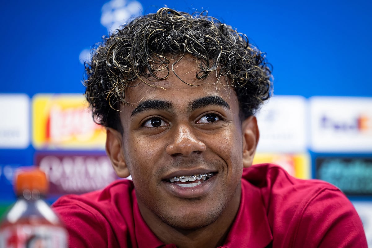 Barcelona's forward Lamine Yamal holds a press conference after a training session at the Joan Gamper training ground in Sant Joan Despi, near Barcelona, on 8 September, 2026 on the eve of the UEFA Champions League first round day 1 football match against Feyenoord.