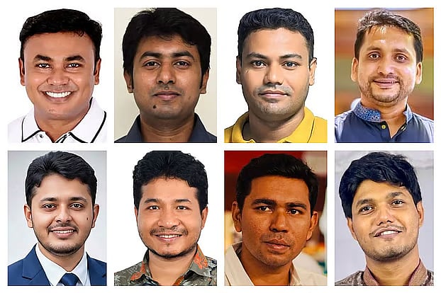 Top row from right: Aman Ullah Aman, Monzurul Riyad, Mominul Islam Jisan, and Ibrahim Khalil; bottom row from left: Raju Ahmed, Ganesh Chandra Roy Sahas, Nahiduzzaman Shipon, and Abidul Islam Khan.
