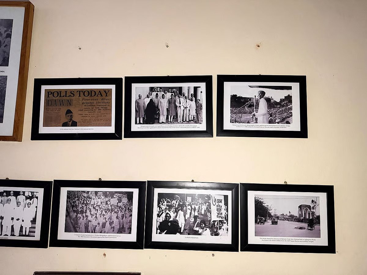 Three photographs of Muhammad Ali Jinnah, then Governor-General of Pakistan, displayed at the DUCSU museum in the morning on 14 September 2026