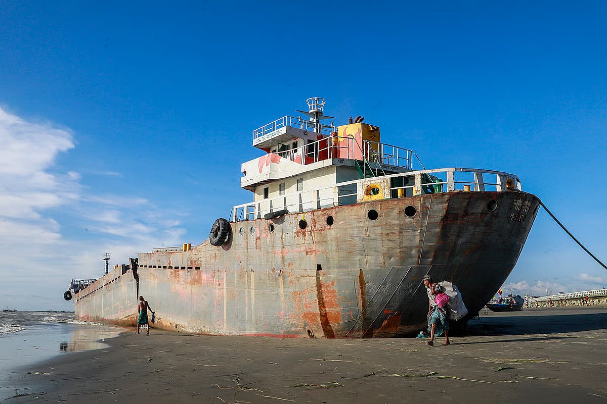 A fisherman carries goods past the ship stranded on the sandbar.