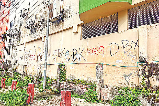 “Wall writings reveal the presence of teen gangs. The area beside Cumilla Town Hall field yesterday.”