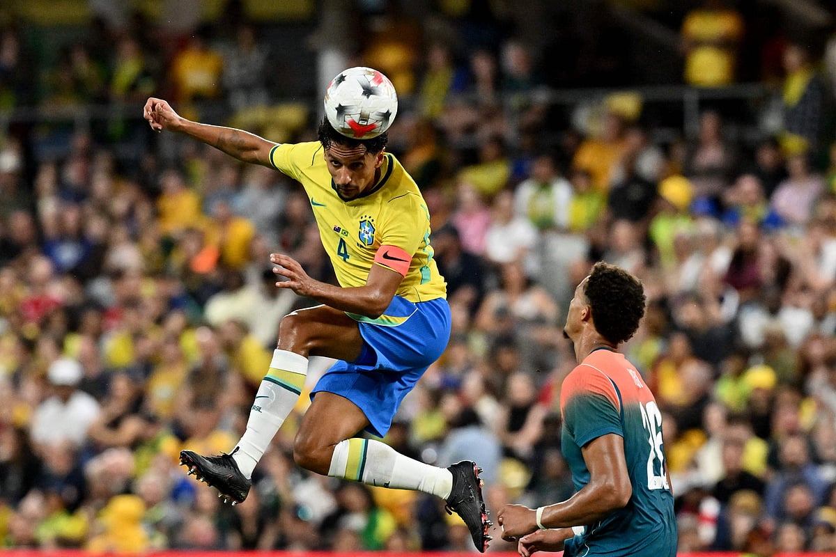 Brazil's Marquinhos head the ball during the International friendly football match between Australia and Brazil at Queensland Country Bank Stadium in Townsville on 25 September, 2026.