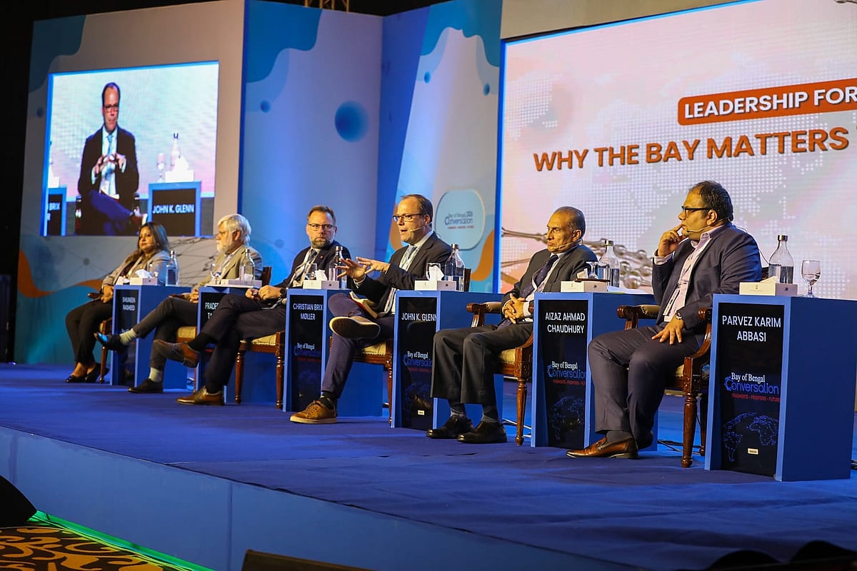 Speakers during a discussion titled “Why the Bay of Bengal Matters to the World” on the final day of the ‘Bay of Bengal Conversation 2026’, organised by the Centre for Governance Studies (CGS) at the Pan Pacific Sonargaon Hotel in Dhaka on 5 October 2026