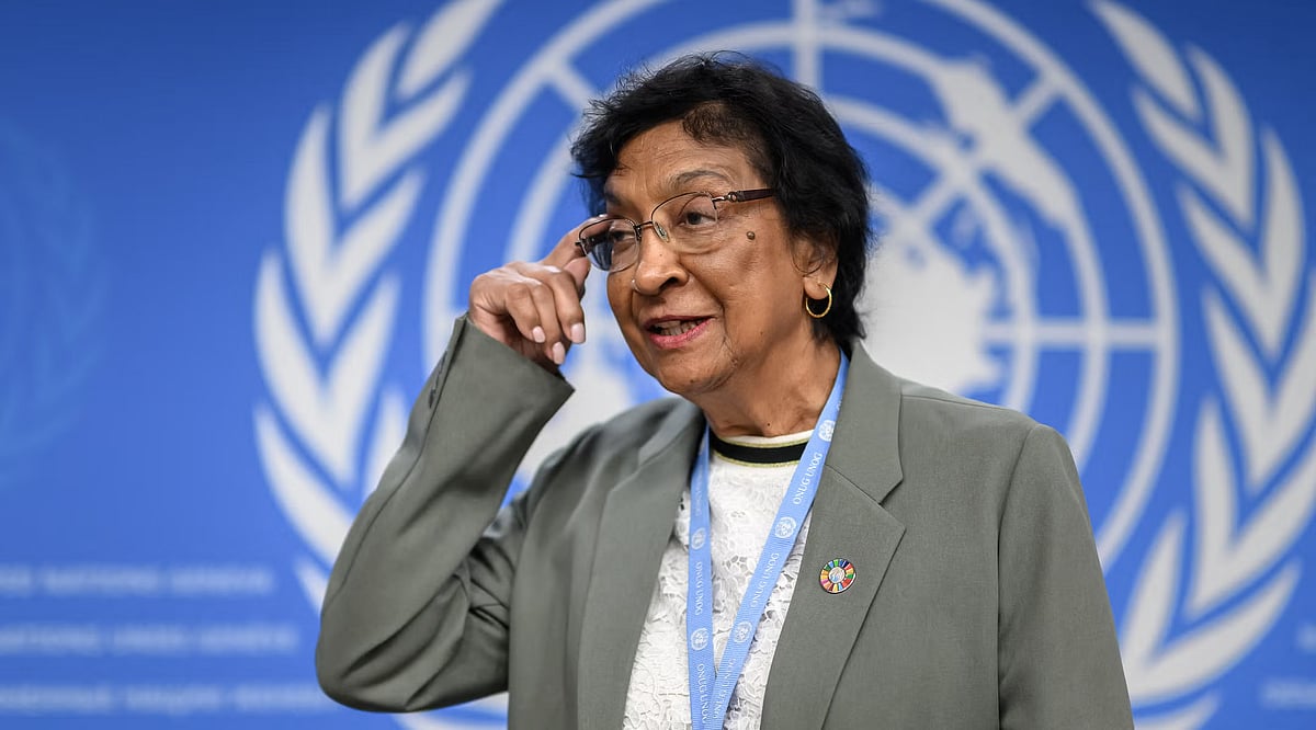 South African judge Navi Pillay, former chair of the independent United Nations Commission of Inquiry on the Occupied Palestinian Territory, including East Jerusalem, and Israel arrives to a press conference in Geneva, on 18 June 2025.