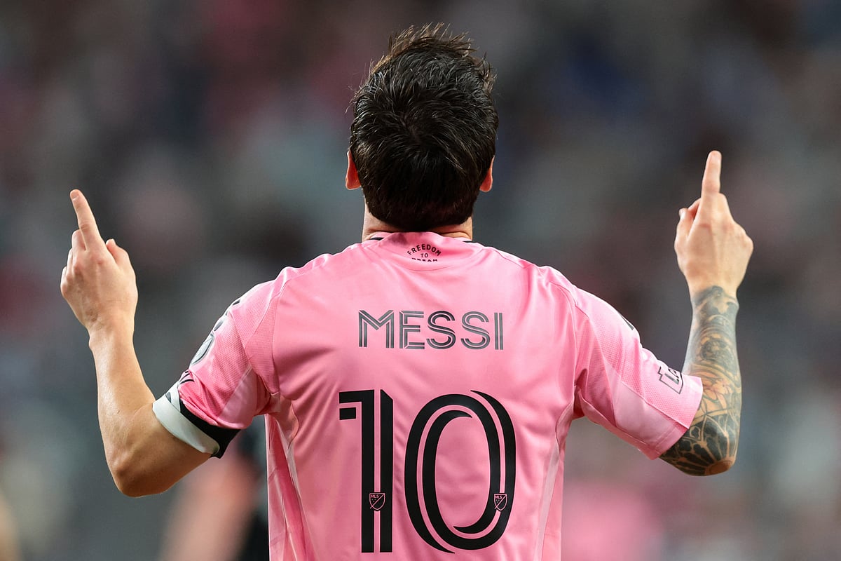 Inter Miami CF forward Leo Messi (10) celebrates after scoring against the DC United during the second half at Nu Stadium on 10 October, 2026; Miami, Florida, USA.