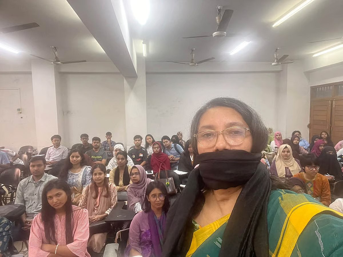 Professor Samina Luthfa stages a protest on 11 October 2026 by covering her mouth with a black cloth in the classroom over allegations of teachers being harassed for expressing dissent