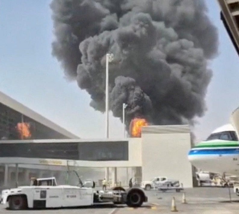 Smoke and flames rise from King Khalid Airport, after Yemen’s Iran-backed Houthis said they attacked the airport, in Riyadh, Saudi Arabia, 8 October, 2026.
