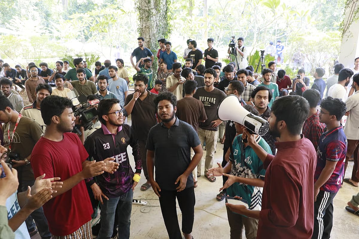 CUET students stage a protest in front of the vice-chancellor’s building at noon on 12 October 2026.
