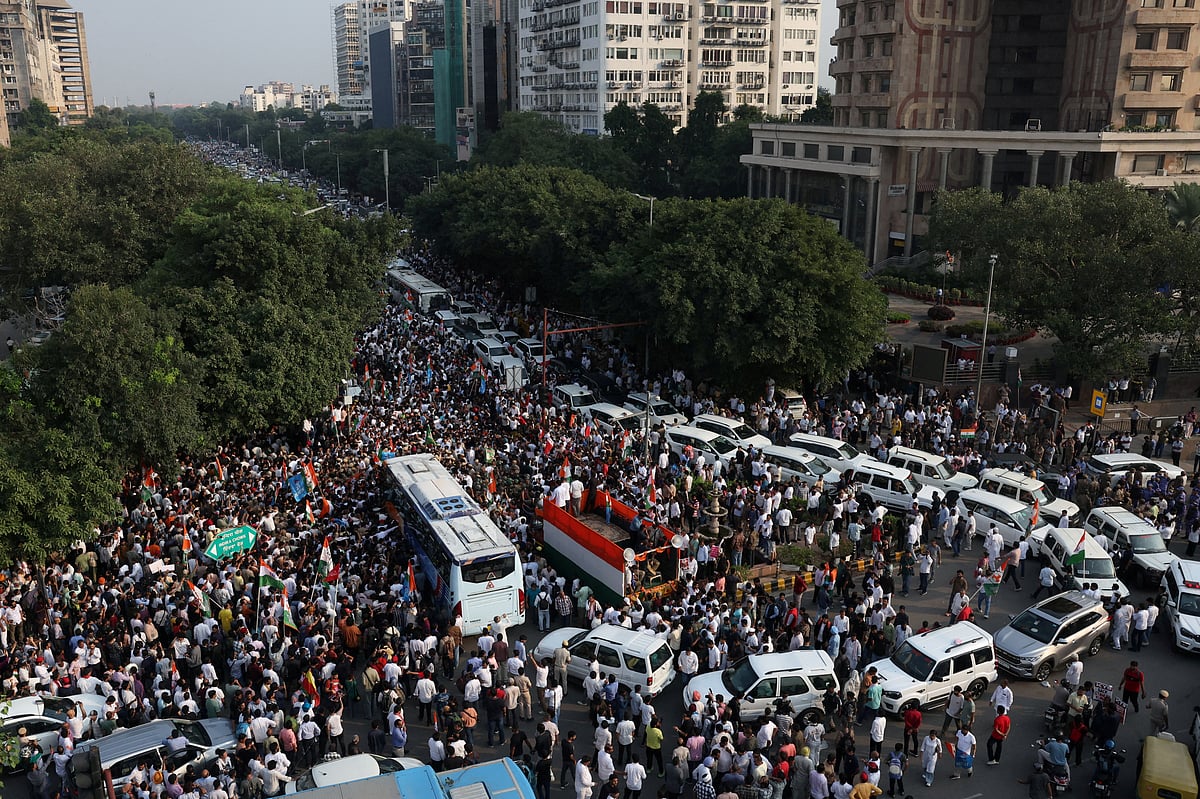 India's opposition party members march to the Supreme Court in protest against a controversial revision of voter lists that has sparked days of unrest, in New Delhi, India, 12 October, 2026.