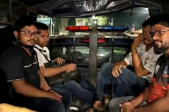 Four leaders of the banned Bangladesh Chhatra League are taken to a police station. Police said they had joined the hunger strike by candidates excluded from the gazette for the 45th BCS examination in front of the Raju Sculpture at Dhaka University on Thursday night.