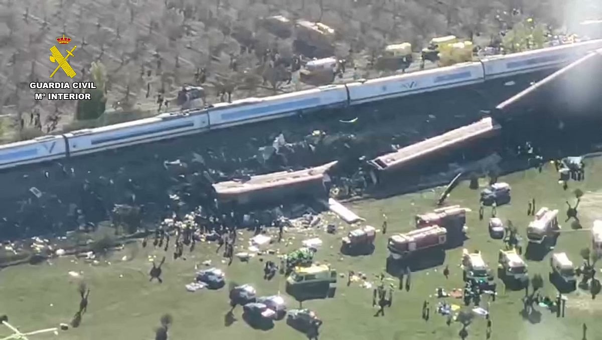 Ths still image from video taken and released by Spain's Civil Guard on 28 October 2026 shows an aerial scene of a train crash between a high speed Renfe AVE train and Iryo train around 150kms south of Madrid between Urda and Los Yebenes in the province of Toledo.