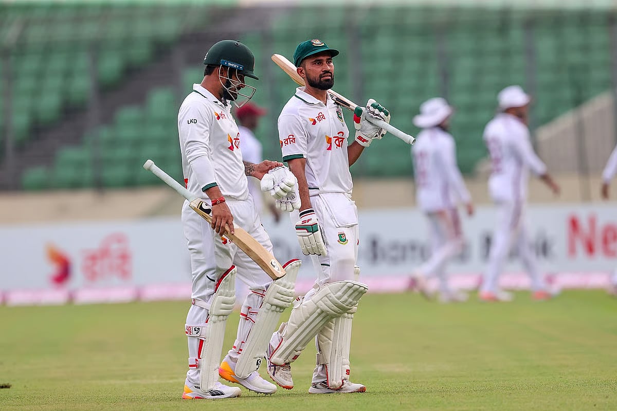 Shadman Islam and Litton Das leave the ground when bad light brought an early end to the play of day one