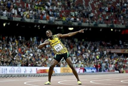 Usain Bolt of Jamaica reacts after winning the men's 100m final during the 15th IAAF World Championships at the National Stadium in Beijing, China August 23, 2015.