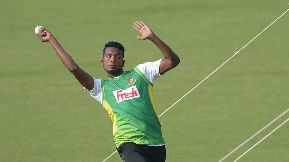 Bangladesh`s Al-Amin Hossain bowls at nets during a training session ahead of their first WT20 match against Pakistan at Eden Gardens in Kolkata on 15 March 2016. Photo: AFP