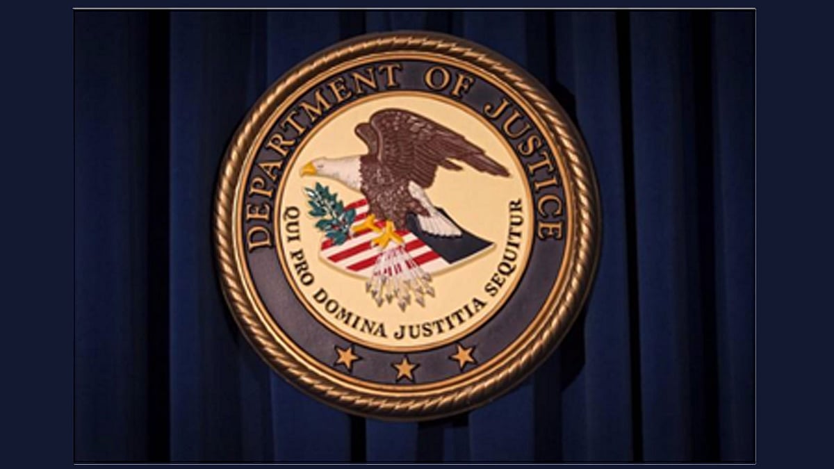 The Department of Justice (DOJ) logo is pictured on a wall in New York, United States, 5 December, 2013