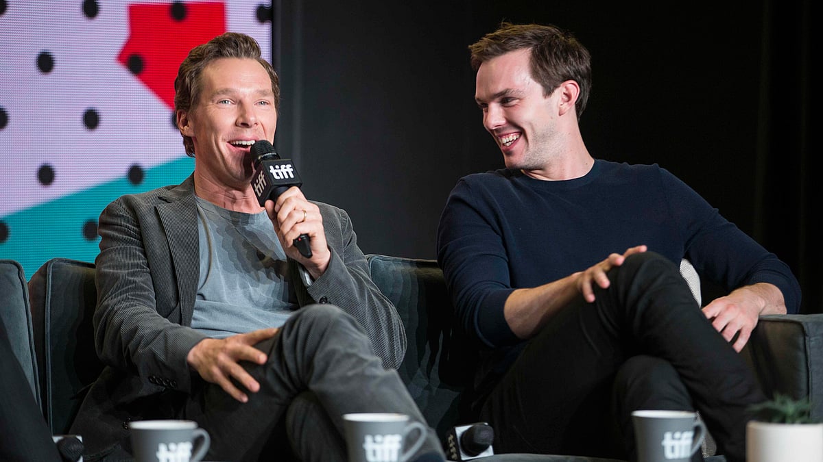 Nicholas Hoult laughs as Benedict Cumberbatch speaks during the press conference for `The Current War` at the Toronto International Film Festival in Toronto, Ontario, 10 September, 2017