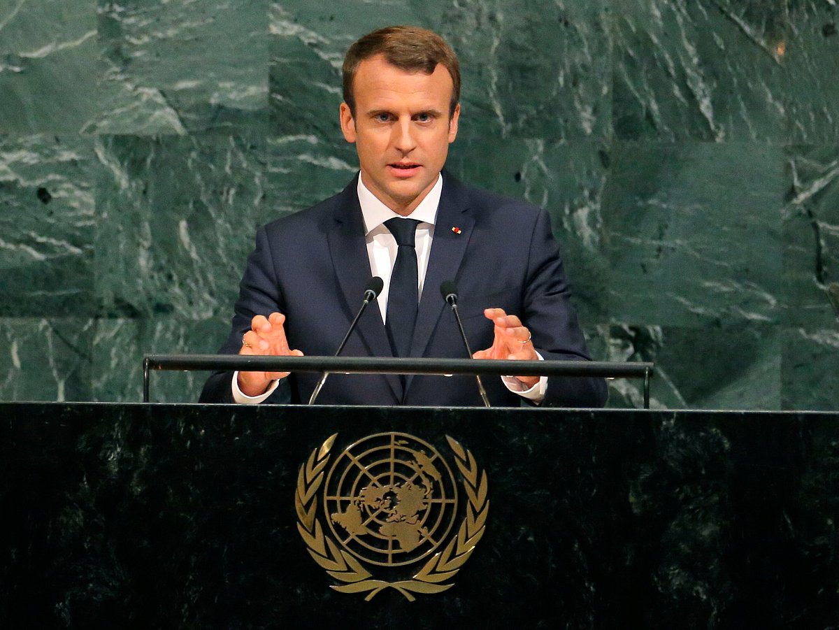 French President Emmanuel Macron addresses the 72nd United Nations General Assembly at UN headquarters in New York on 19 September.