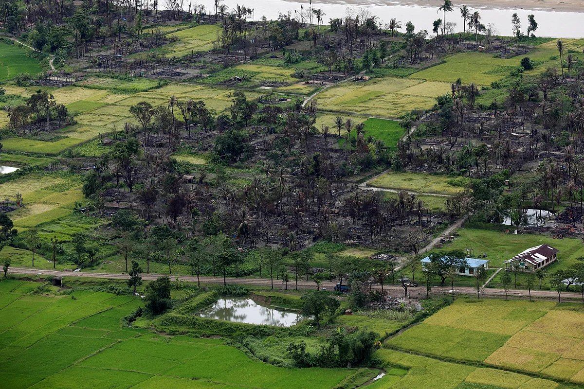Aerial view of a burned Rohingya village near Maungdaw, north of Rakhine state, Myanmar, 27  September 2017.