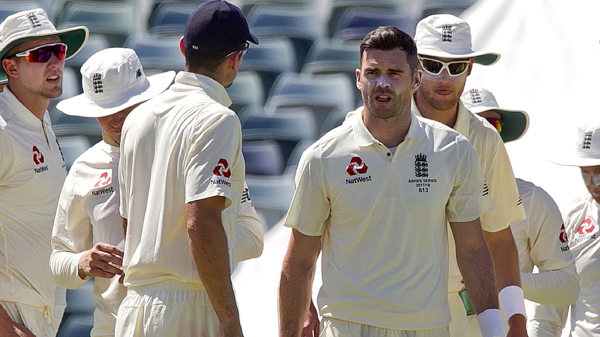 A file photo taken on November 5, 2017, shows England`s James Anderson (2/R) celebrating a wicket during their two-day tour match against a Western Australian XI at the WACA in Perth. Veteran pace spearhead James Anderson said November 6, 2017, he was open to replacing suspended Ben Stokes as England vice-captain for the coming Ashes Test series