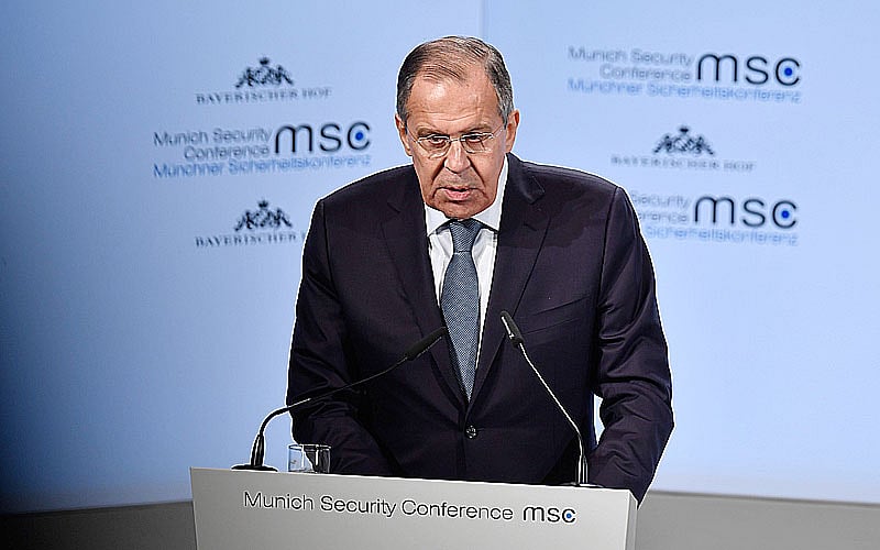 Russian Foreign Minister Sergei Lavrov gives a speech during the Munich Security Conference on Saturday in Munich, southern Germany