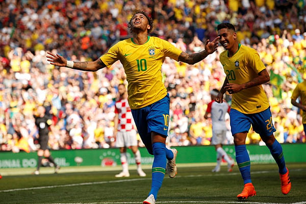 Brazil`s Neymar celebrates scoring a goal