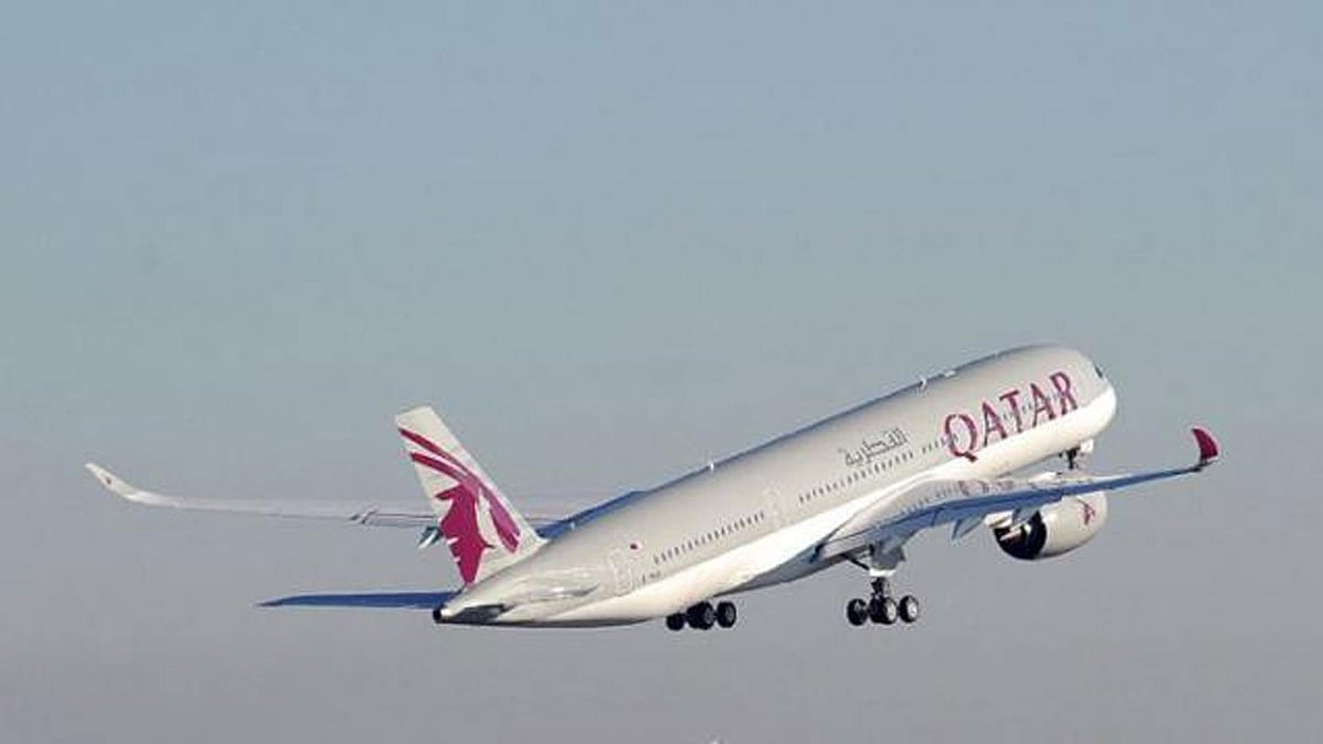 A flight of Qatar Airways takes off