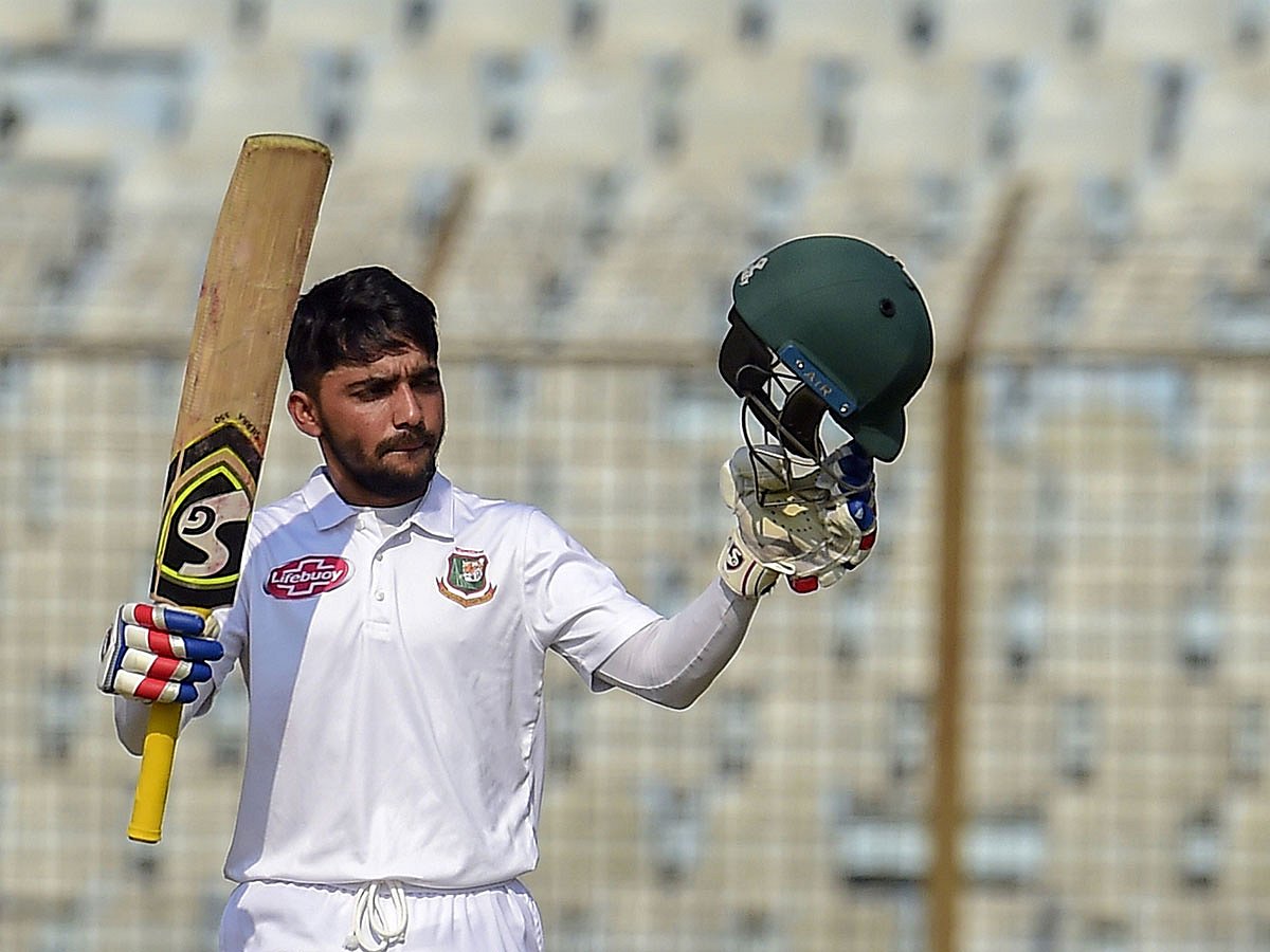 Mominul Haque reacts after scoring a century during the first day of the first Test cricket match between Bangladesh and West Indies at the Zahur Ahmed Chowdhury Stadium in Chittagong on 22 November 2018