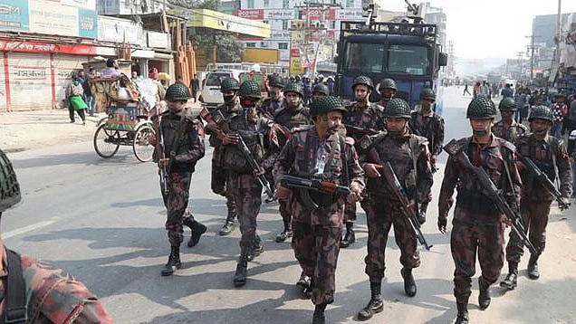 BGB men are seen patrolling in Ashulia area of Savar, Dhaka