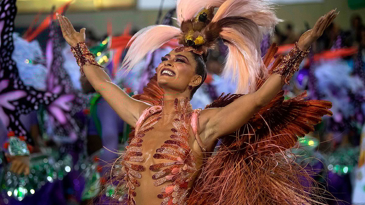Brazilian actress Juliana Paes as members of the `Grande Rio` samba school parade during the first night of Rio`s Carnival at the Sambadrome in Rio de Janeiro, Brazil, early on 4 March, 2019. Photo: AFP