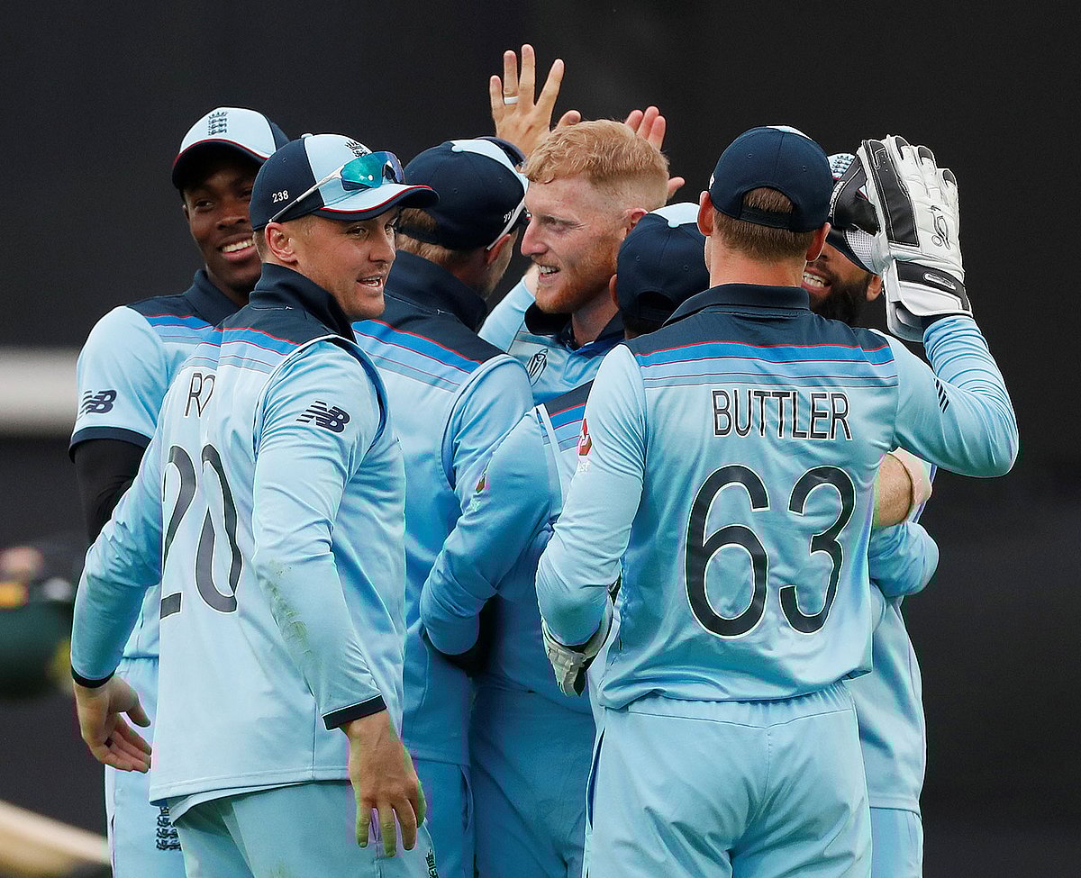 England`s Ben Stokes celebrates with team mates during the ICC Cricket World Cup match in Kia Oval, London, Britain on 30 May, 2019